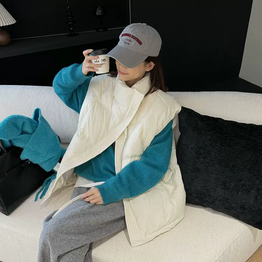 黎诺韩版简约立领斜襟羽绒马甲外套女2025冬季新款加厚外穿羽绒服