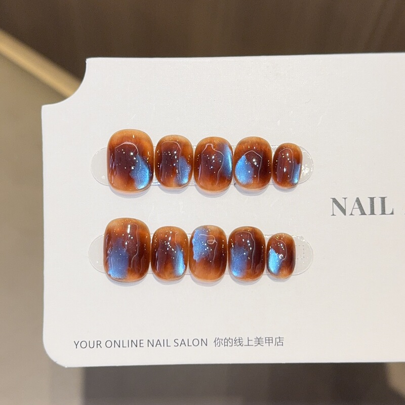 Qianfan【Fluorescent Coast】Melard Color Ins Style Handmade Wearable Nails Short Nail Art Stickers Fake Nails