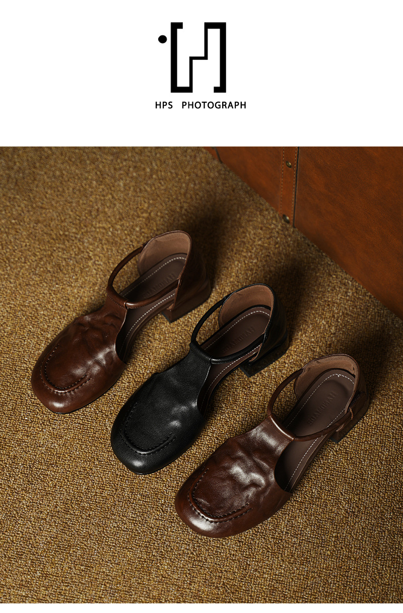 Dép sandal nữ quai ngang mũi tròn đế bằng da bò phong cách retro — màu nâu chi tiết 12