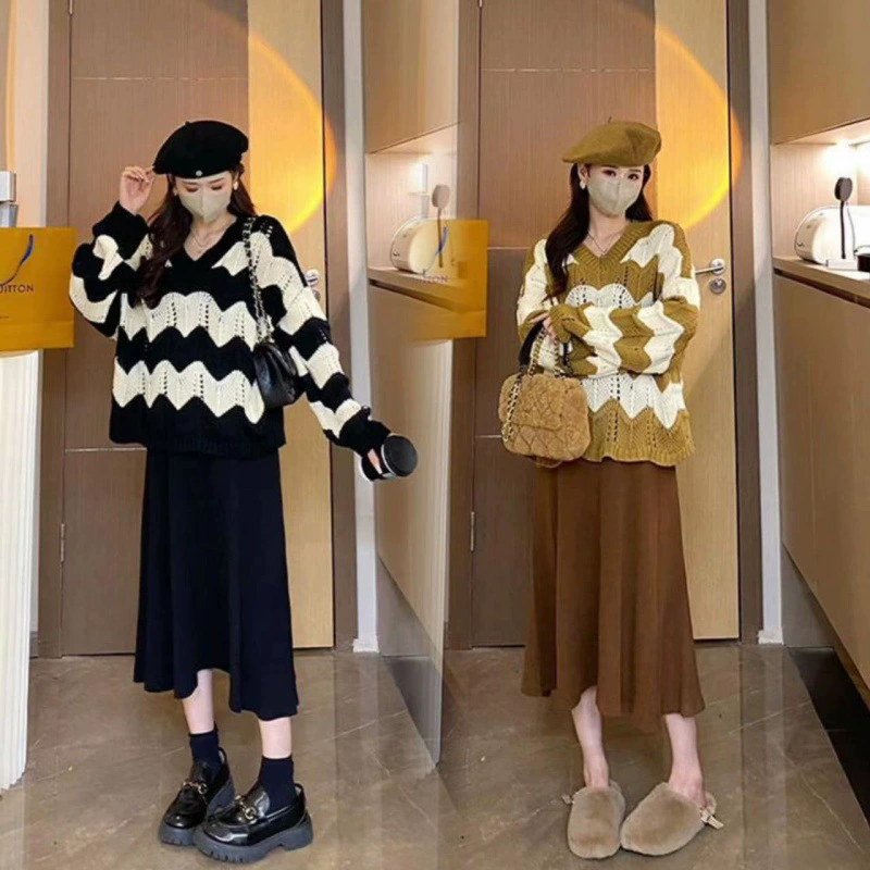 Одежда для беременных, осенне-зимний вязаный свитер в полоску из двух частей с длинными рукавами + жилет на подтяжках, юбка, модный костюм для беременных, свитер