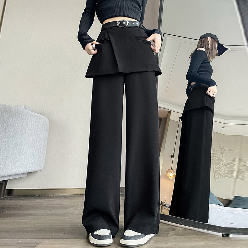 黑色假两件屁帘西装阔腿裙裤女2025春新款高腰垂感直筒拖地长裤潮|undefined