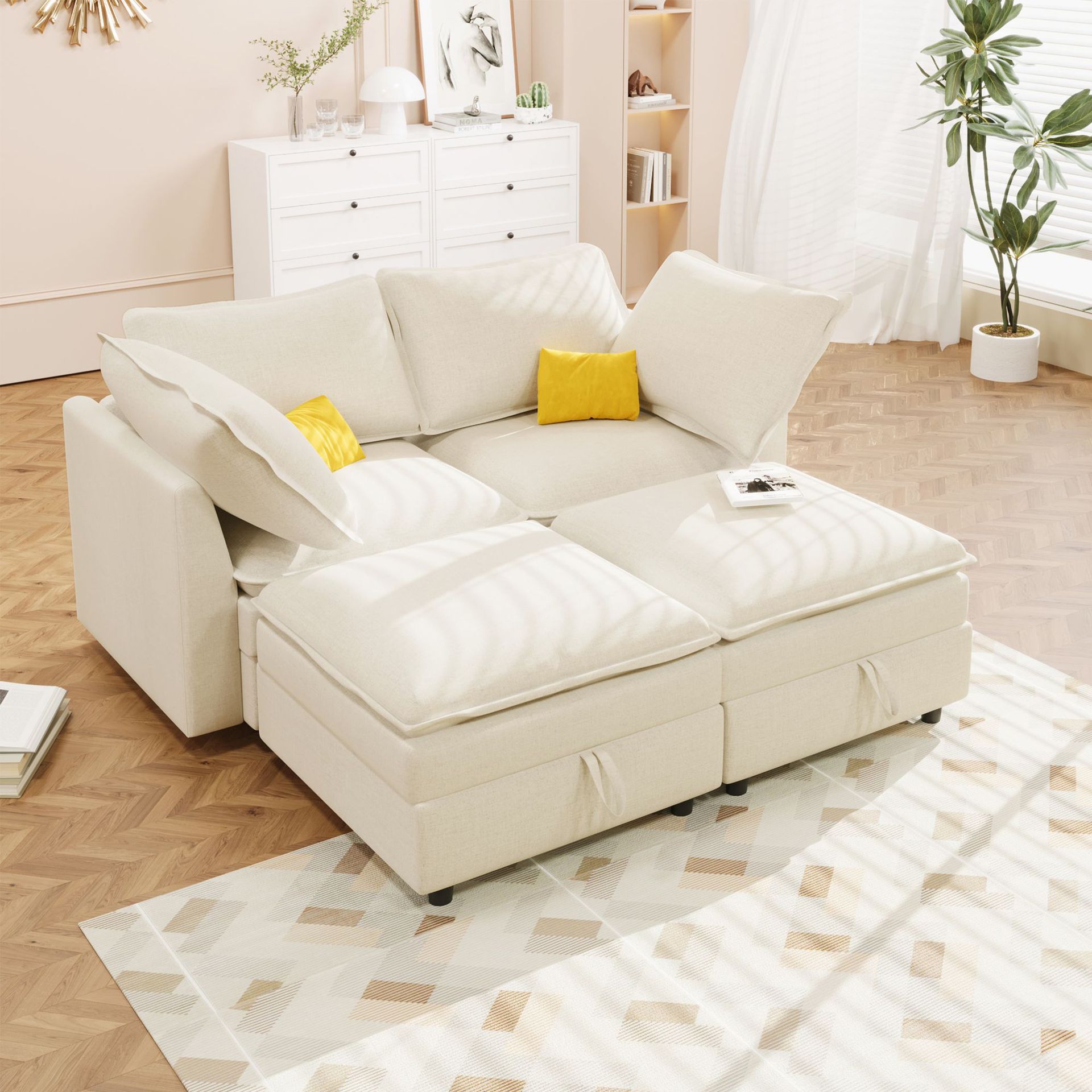 Art de arena minimalista para la sala de estar doméstica, suelo moderno y pequeño sofá de tela de casa simple