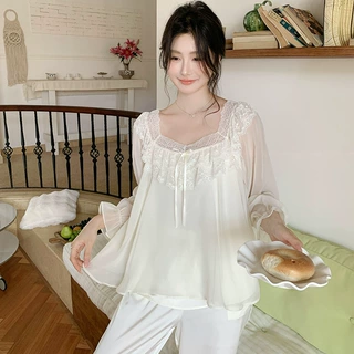 长袖睡衣女春季法式宫廷风优雅公主甜美蕾丝白色仙女可外穿家居服