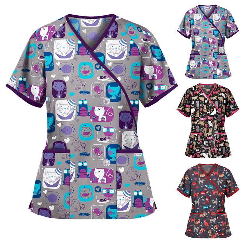 2023 Cross-Border Amazon Women's Spring and Summer New Pullover Fresh and Sweet Printed Slim-Fit Nurse Pajamas T-Shirt