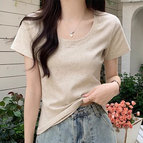 Summer short-sleeved T-shirt for women's front shoulder simple basic style water droplet u neck niche design slim and slim versatile top