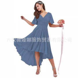 速卖通新款晚礼服高腰短袖时尚V领修身气质连衣裙欧美雪纺长裙女