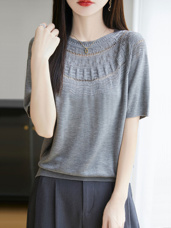 【メーカー直送】夏新作ラウンドネック中空テンセル半袖Tシャツレディースゆったり薄手年齢軽減シルクシャツ|undefined