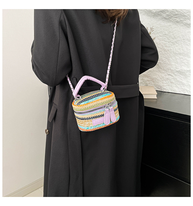 165g Weight Polyester Lining Material Weave Fashion Element Zipper Closure Type Top Handle, Chain Strap Type Crossbody Bag Bags Type Casual, Daily, Shopping Occasion Straw Material Multicolor Pattern Spring&Summer Season Women's Gender Vintage Style Style Cylindrical Shape Women's Straw Multicolor Vintage Style Weave Cylindrical Zipper Crossbody Bag 12