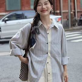 【原布加工】 宽松拼接条纹长袖衬衫女秋季设计感衬衣外套早秋上