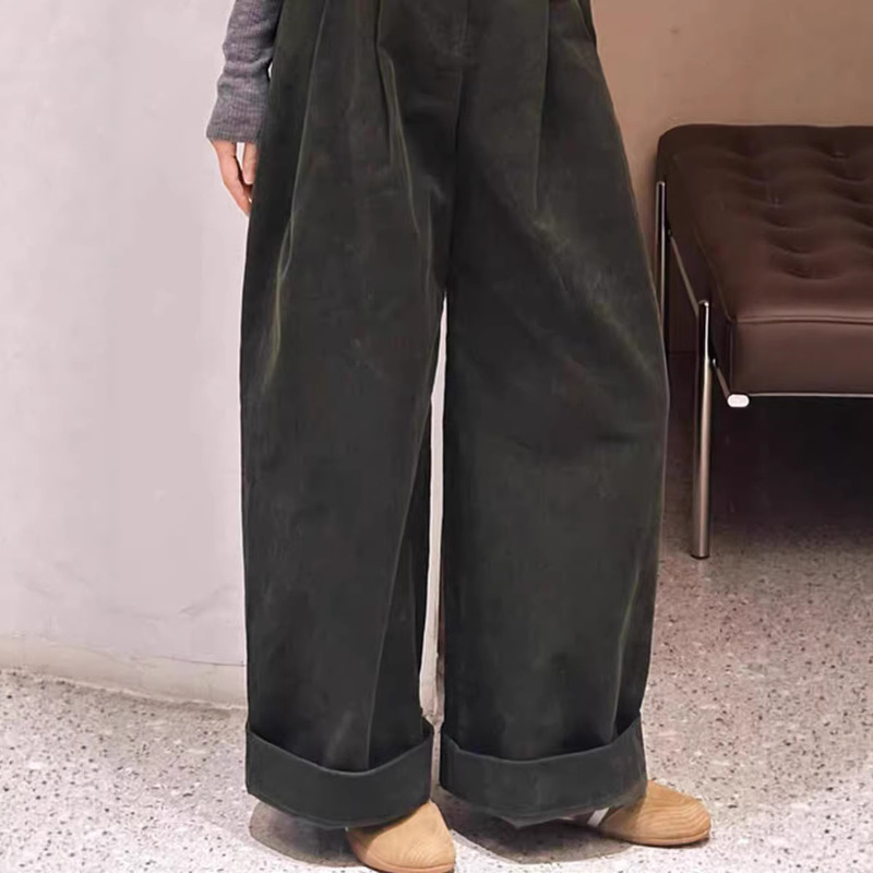 Highly Recommended! Green Straight-Leg Cuffed Casual Pants for Women, Japanese Retro High-Waisted Corduroy Wide-Leg Pants