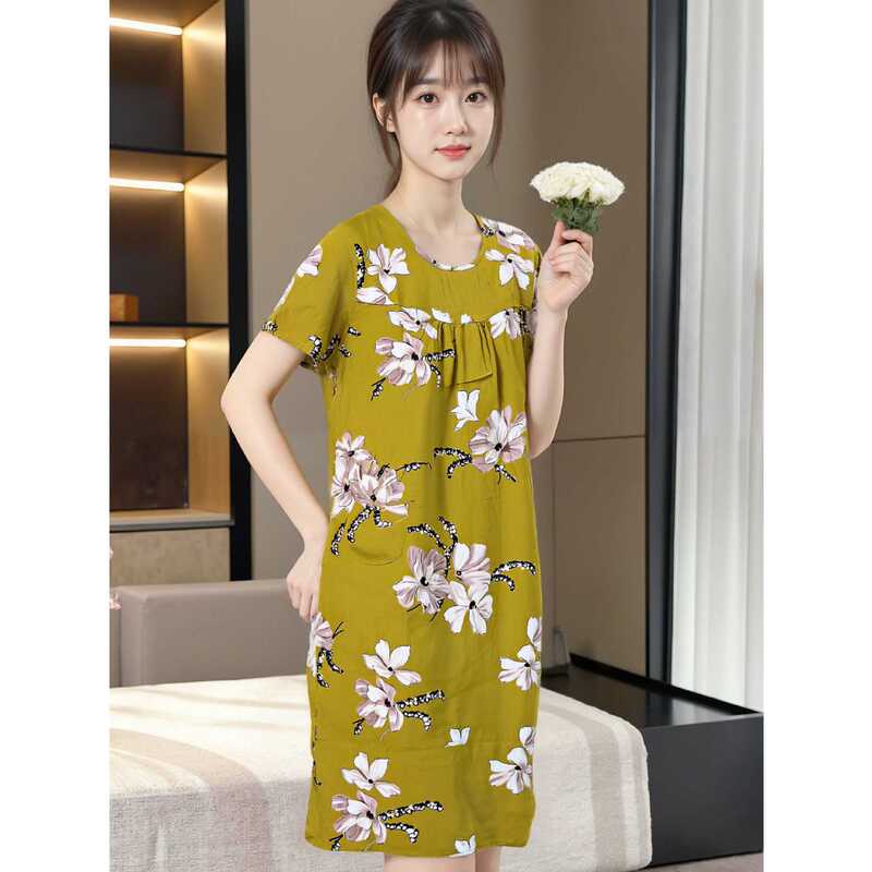 Short-Sleeved Cotton Silk Nightgown for Women in Summer, Middle-Aged and Elderly Cotton Silk Pajamas for Pregnant Women, Pure Cotton Silk Plus Size Artificial Cotton Dress