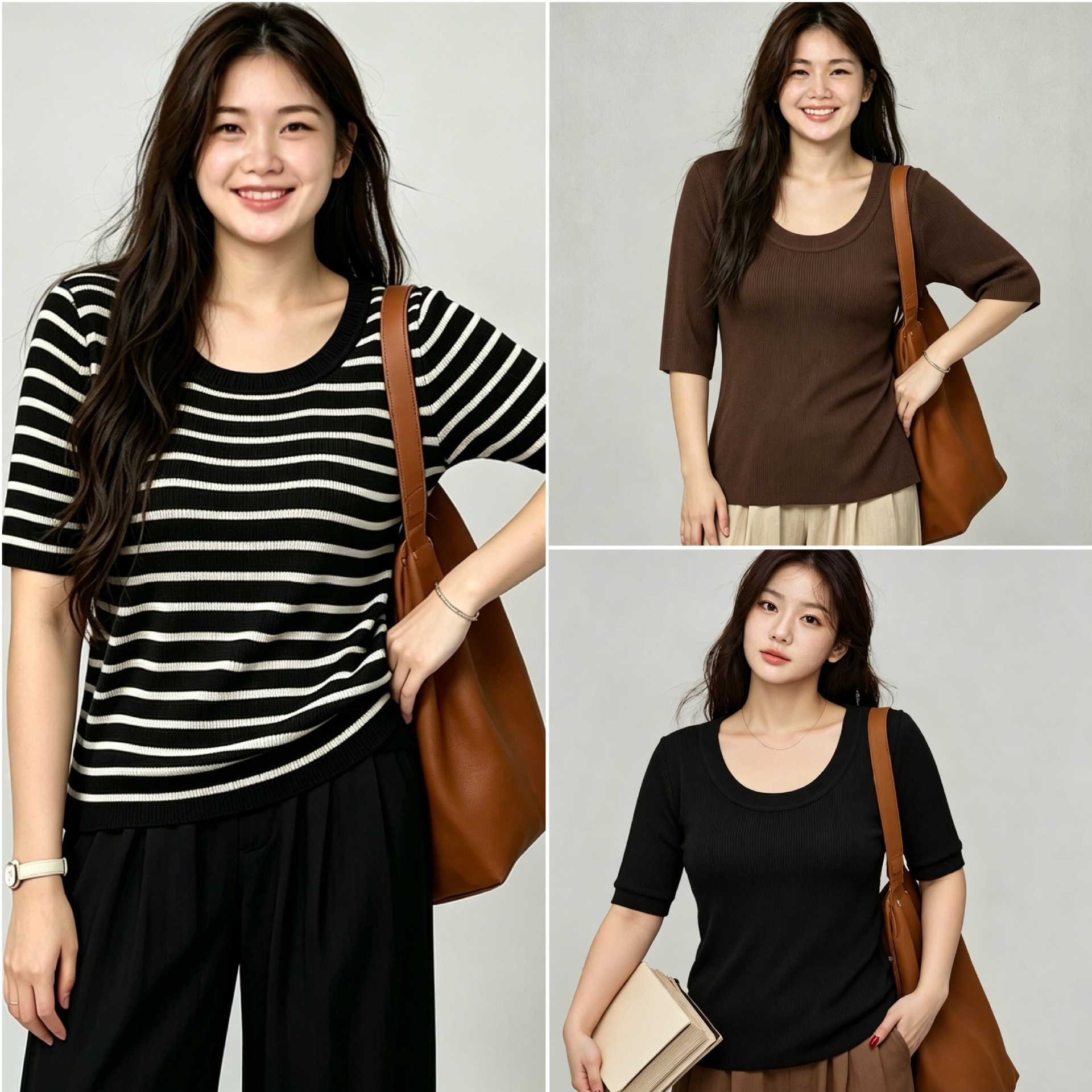 Plus-size U-neck knitted top with medium sleeves, slimming effect, suitable for outerwear or as a base layer, model 9218