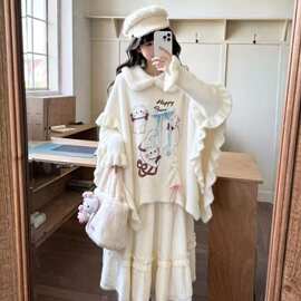 甜美印花秋冬季可爱猫咪毛衣宽松设计上衣新款针织衫爆款水貂