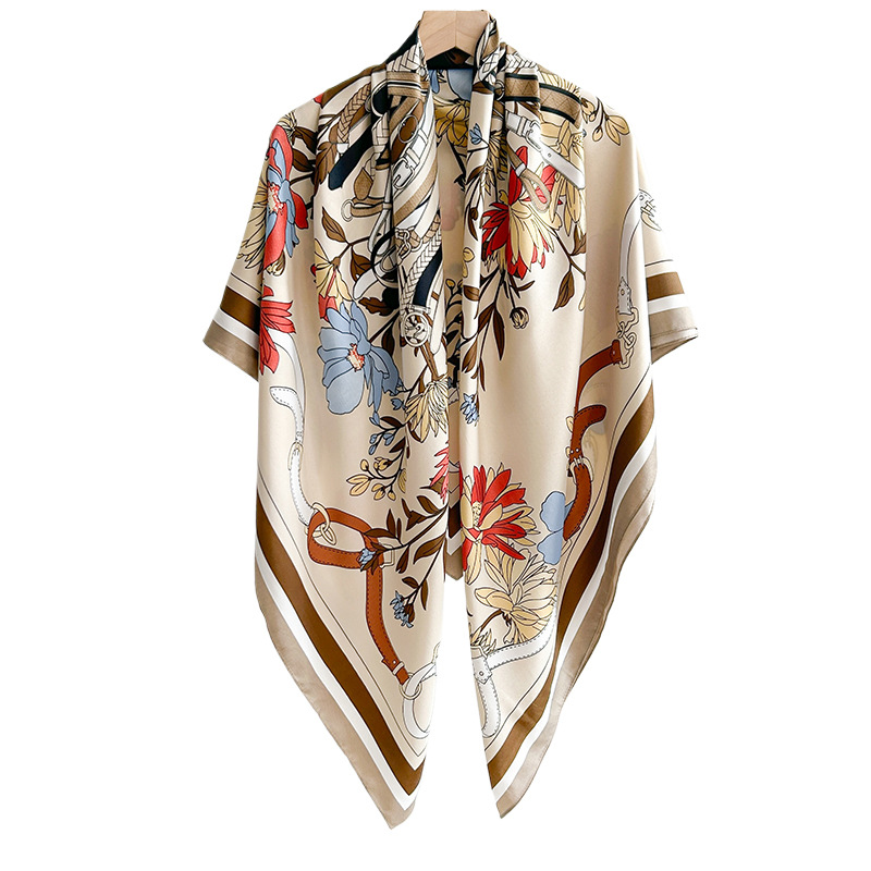 Retro de alta gama señoras, lujo ligero, diseño de moda, impresión 130 bufanda cuadrada de sarga, chal fino de celebridades de Internet coreano