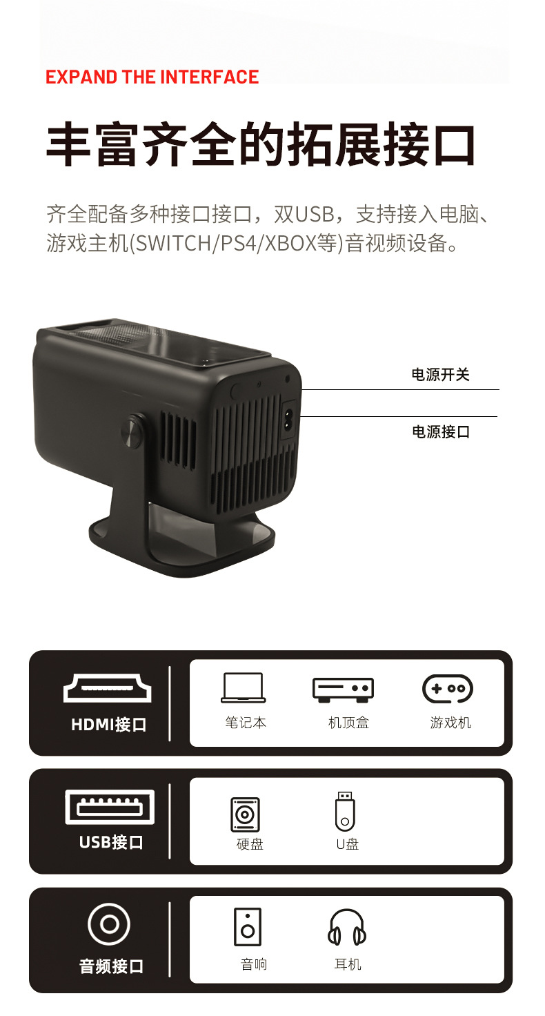 Cross-border new product V1 projector: 1080P high-definition projector for bedroom wall projection, portable gun barrel for office, home and outdoor use pic 12