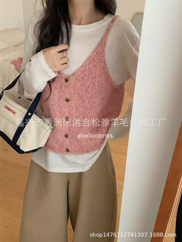 韩系百搭v领吊带针织背心女春秋新款小个子毛衣马甲叠穿短款上衣|undefined
