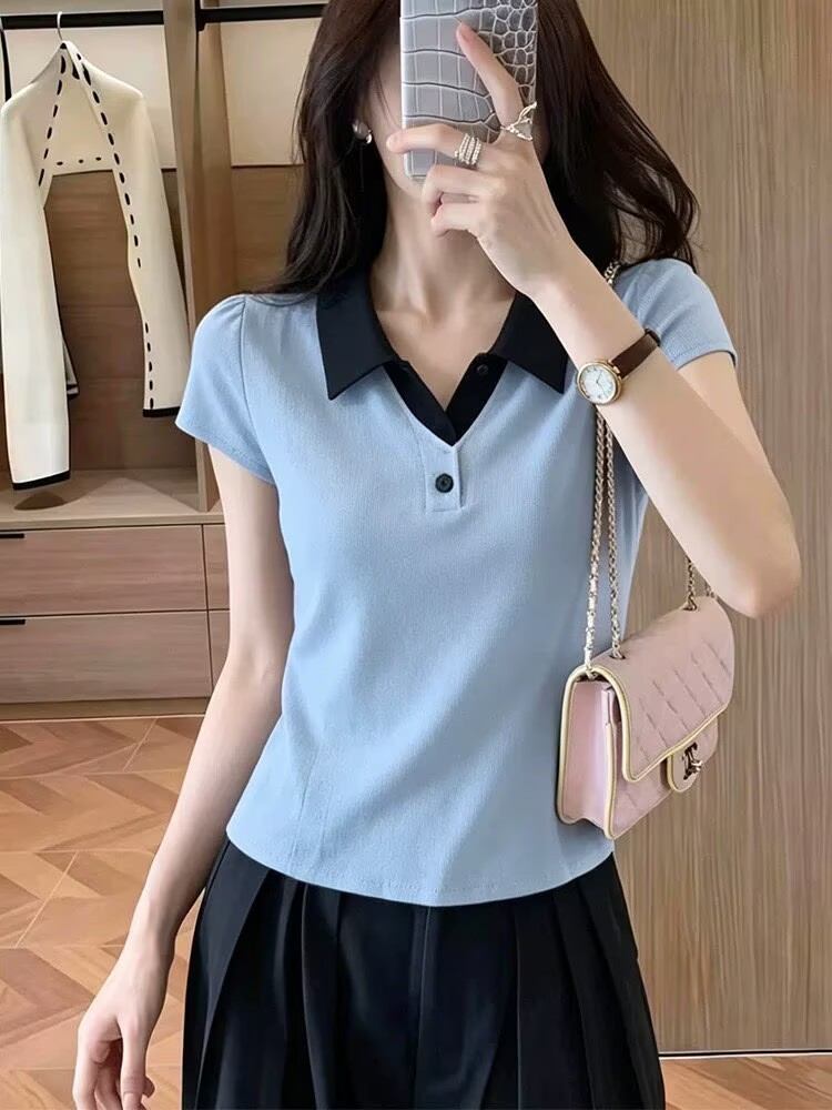Áo polo nữ tay ngắn cổ lật phối màu phong cách Hàn Quốc — xanh lam