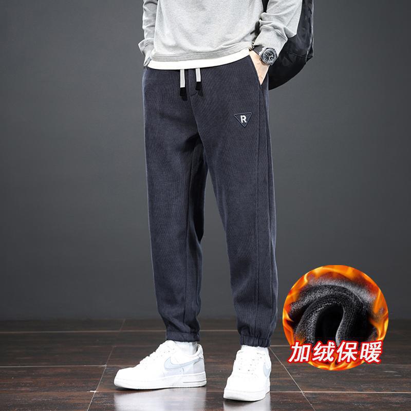 Pantalones casuales de hombre otoño y invierno sueltos de tamaño grande y pantalones largos de lana coreanos de moda juvenil pantalones deportivos de correa