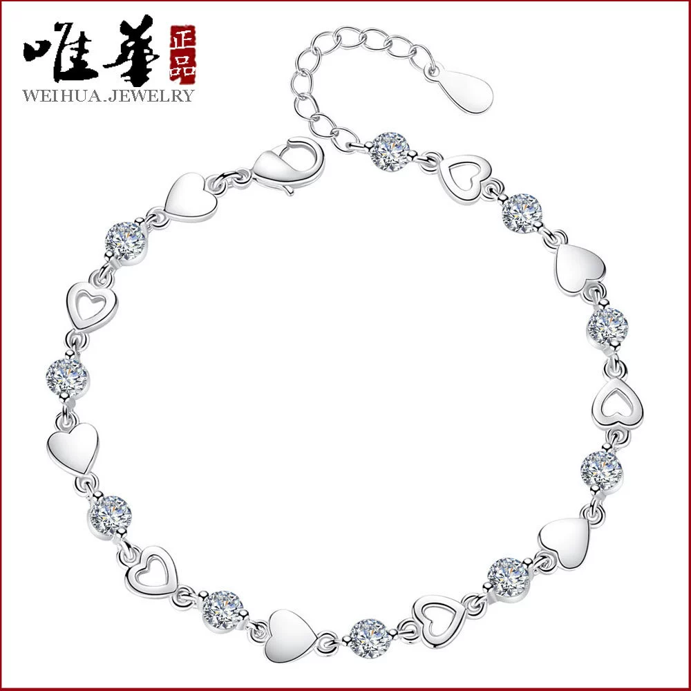 Браслет (WEIHUA) с сердцем из кристалла, посеребренная медь, корейский стиль, 0.03 кг