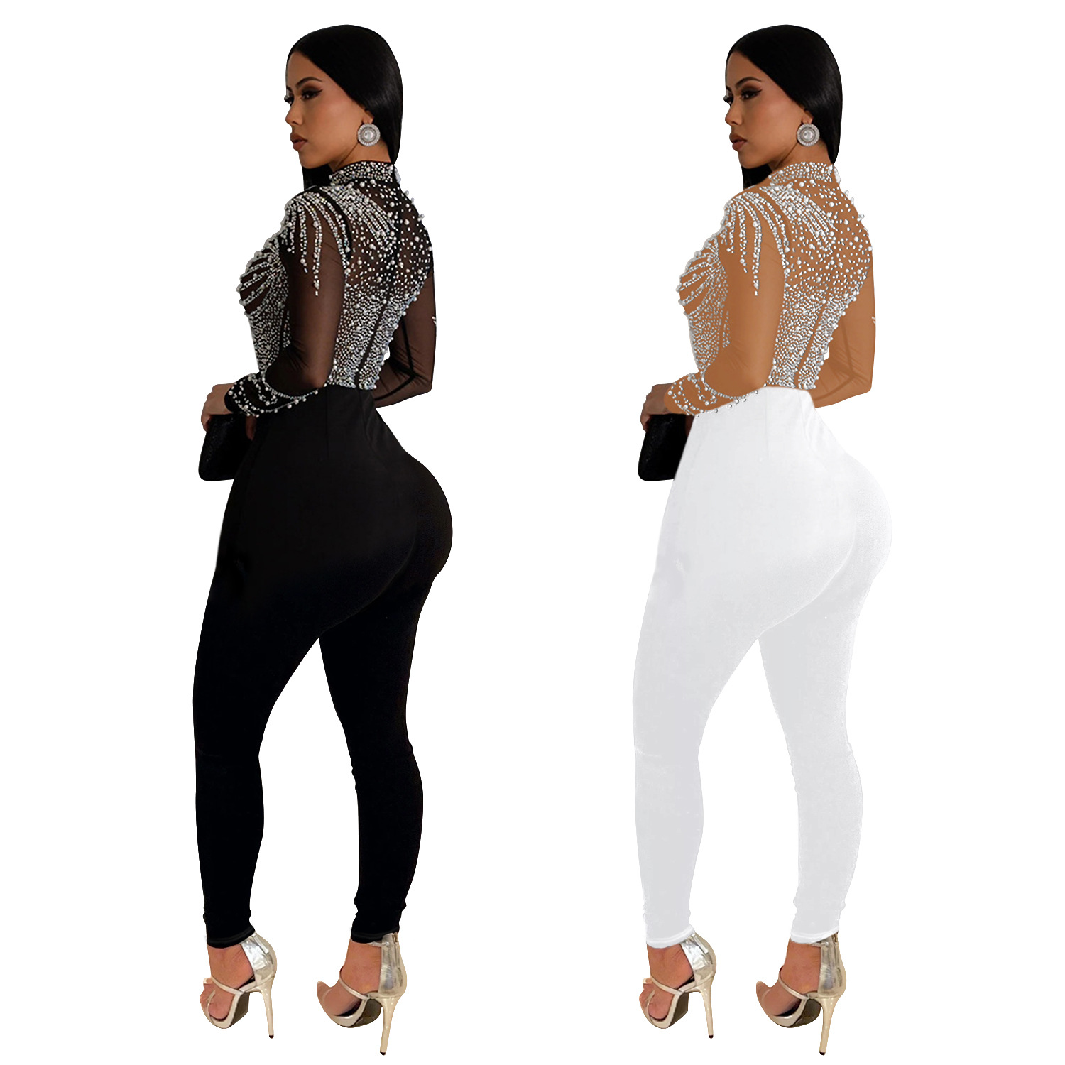C6912 Cross-border AliExpress Amazon Pantalones de manga larga de diamantes calientes de malla de color sólido para mujer de moda europea y americana