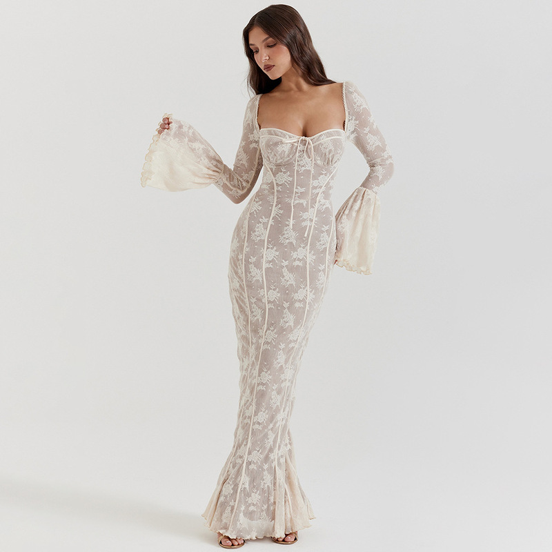 European and American Ins Style Lace Long-Sleeve Dress with Slim Fit, Flared Sleeves, Bodycon Fishtail Long Dress for Vacation and Beachwear European and American Ins Style Lace Long-Sleeve Dress with Slim Fit, Flared Sleeves, Bodycon Fishtail Long Dress for Vacation and Beachwear
