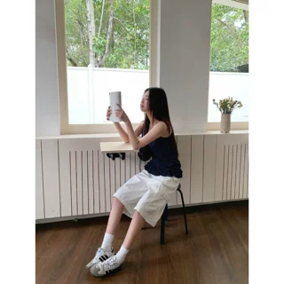 休闲工装口袋宽松牛仔中裤女夏小个子宽松设计感直筒裤
