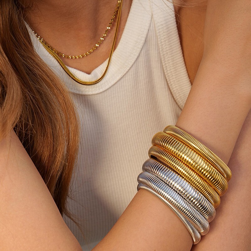 Thick European and American Cross-Border Popular Jewelry Elastic Wide Titanium Steel Bracelet for Women Light Luxury Public Exaggerated Niche Vertical Stripes Ring Thick European and American Cross-Border Popular Jewelry Elastic Wide Titanium Steel Bracelet for Women Light Luxury Public Exaggerated Niche Vertical Stripes Ring