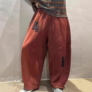 2024 Winter Korean Style Loose Distinctive Stir-fry Color Distressed Cotton Pants with Loose Waist Padded All-match Warm Casual Pants for Women