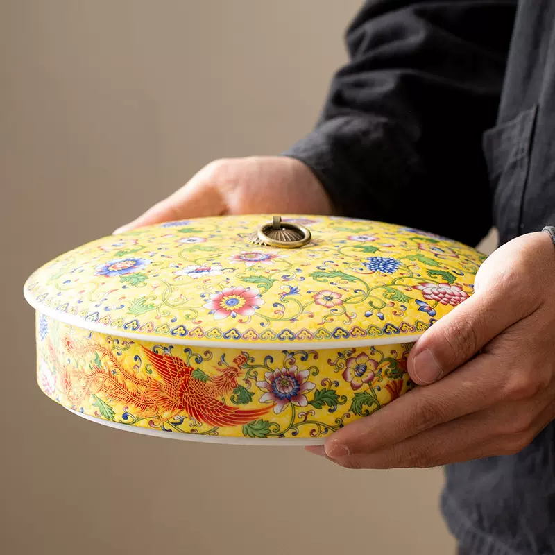 珐琅彩普洱茶饼罐大号白茶陶瓷储藏罐国潮茶叶包装盒中式茶饼罐子