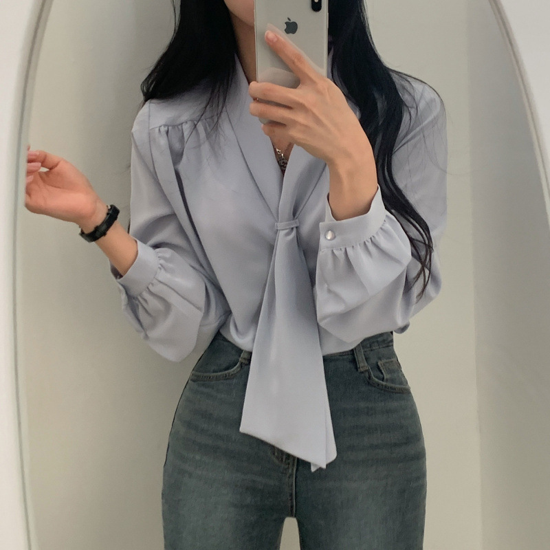 South Korea Ins Spring French Niche Design Tie V-Neck Loose Pullover Long-Sleeved Base Chiffon Shirt Top