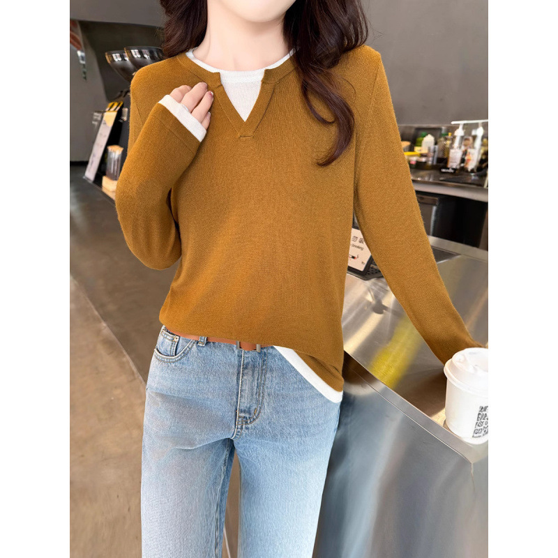 Elegant Commuter Merino Fine Wool Pullover Faux Two-Piece Knit Sweater for Women, Spring and Autumn Long Sleeve Sweater Top, New Style