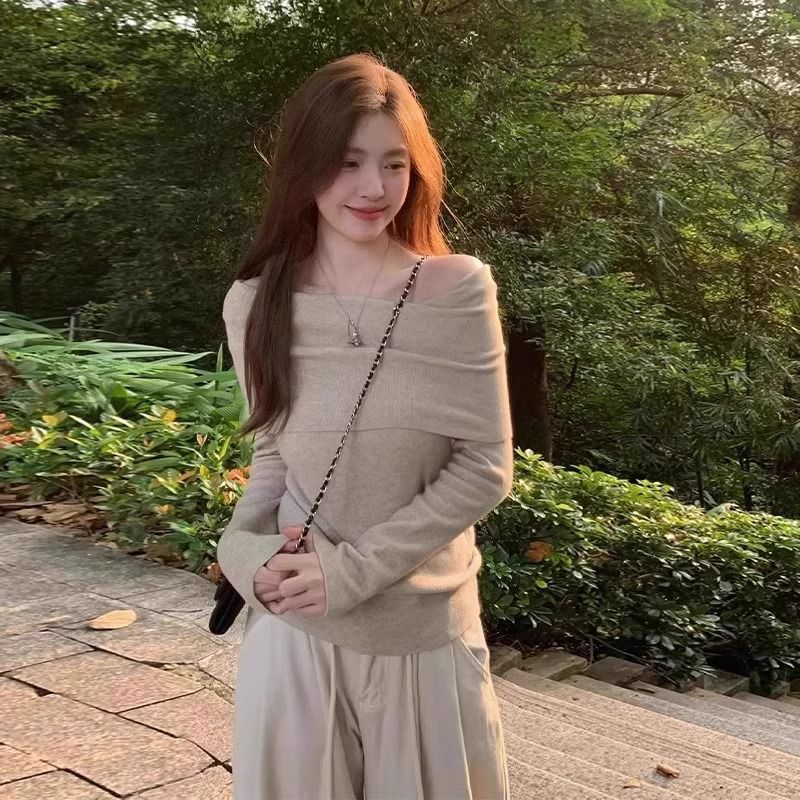 法式黑色一字肩上衣女春秋露肩设计感小众修身气质内搭长袖针织衫|undefined
