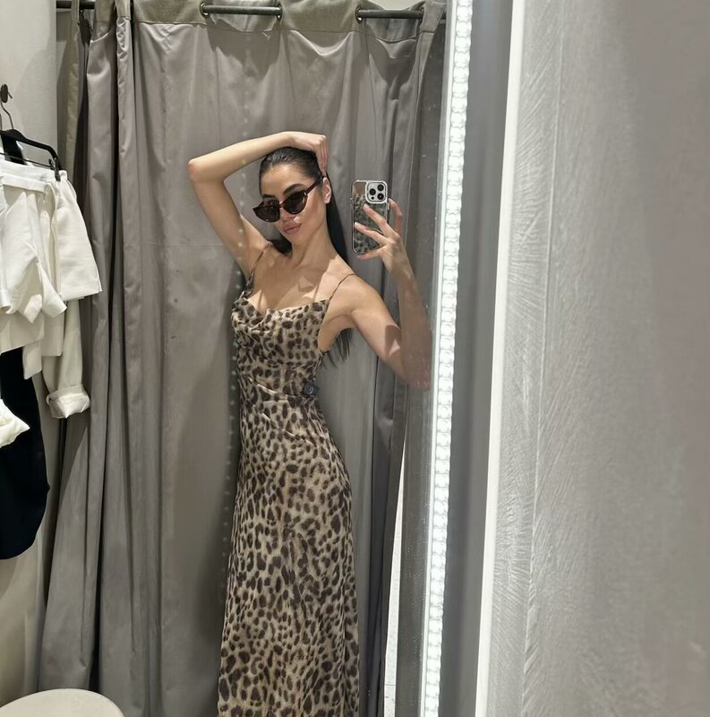 European and American Clothing Cross-Border 2024 New Hot Girl Sexy Animal Print Suspender Silk Mesh Slim Backless Dress