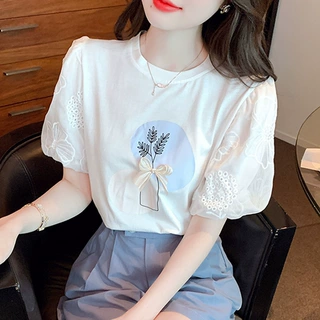 白色短袖T恤女设计感小众夏装百搭甜美正肩泡泡袖小个子上衣ins潮