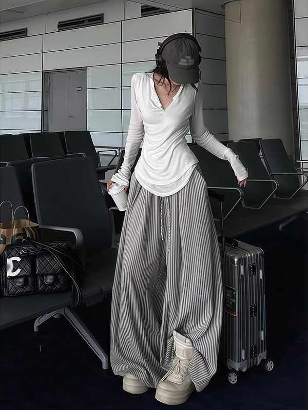 美式复古条纹阔腿休闲裤女秋季新款街头辣妹慵懒松弛宽松拖地长裤|undefined