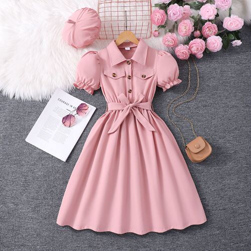 New Women's and Older Children's Long-Sleeve Collared Solid Color Dress with Belt and Hat
