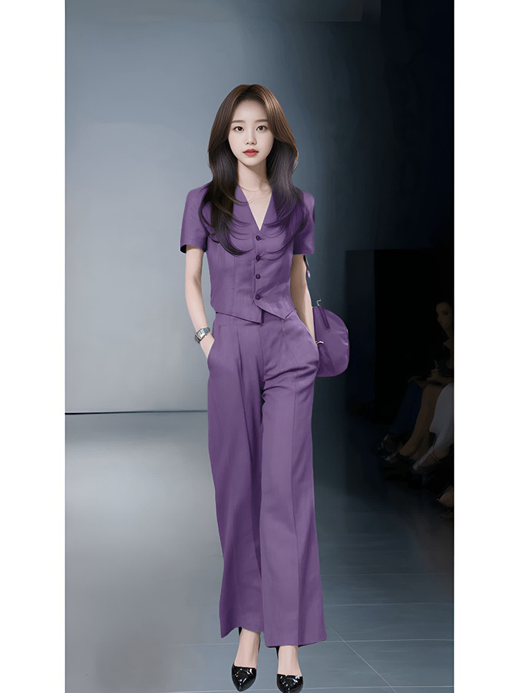 Bộ đầm suông nữ cổ V tay dài phong cách Hàn Quốc mùa xuân hè — Bộ dài màu tím