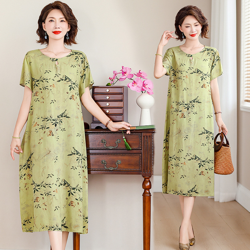 Middle-aged and elderly women's cotton silk dress mid-length 40-year-old and 50-year-old women's summer clothing mother's artificial cotton plus size skirt