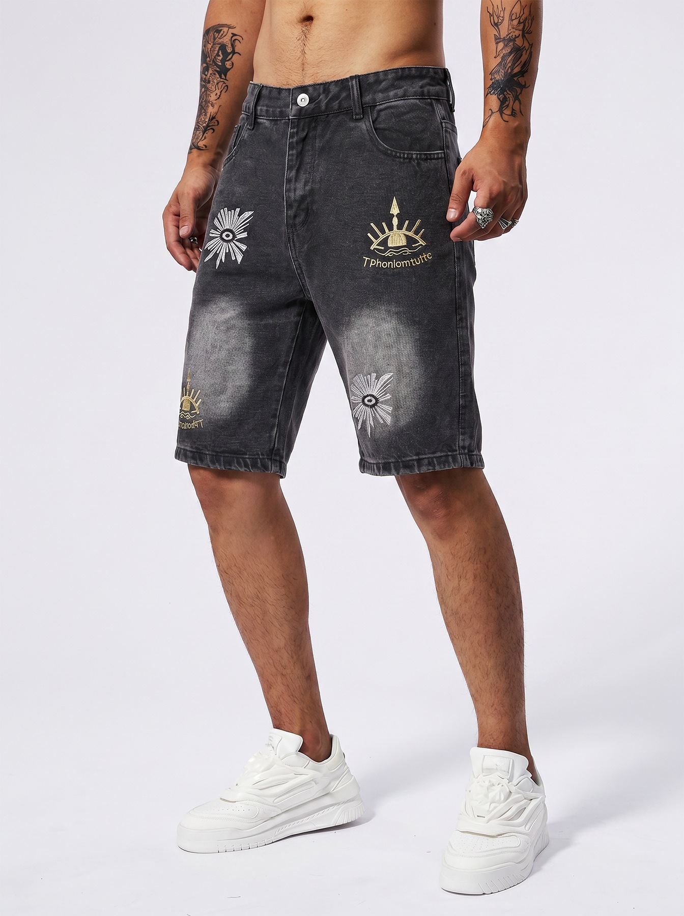 Men's Distressed Denim Shorts All-Seeing Eye Print American Streetwear Style Summer Baggy Cargo Jeans_viptrois.com