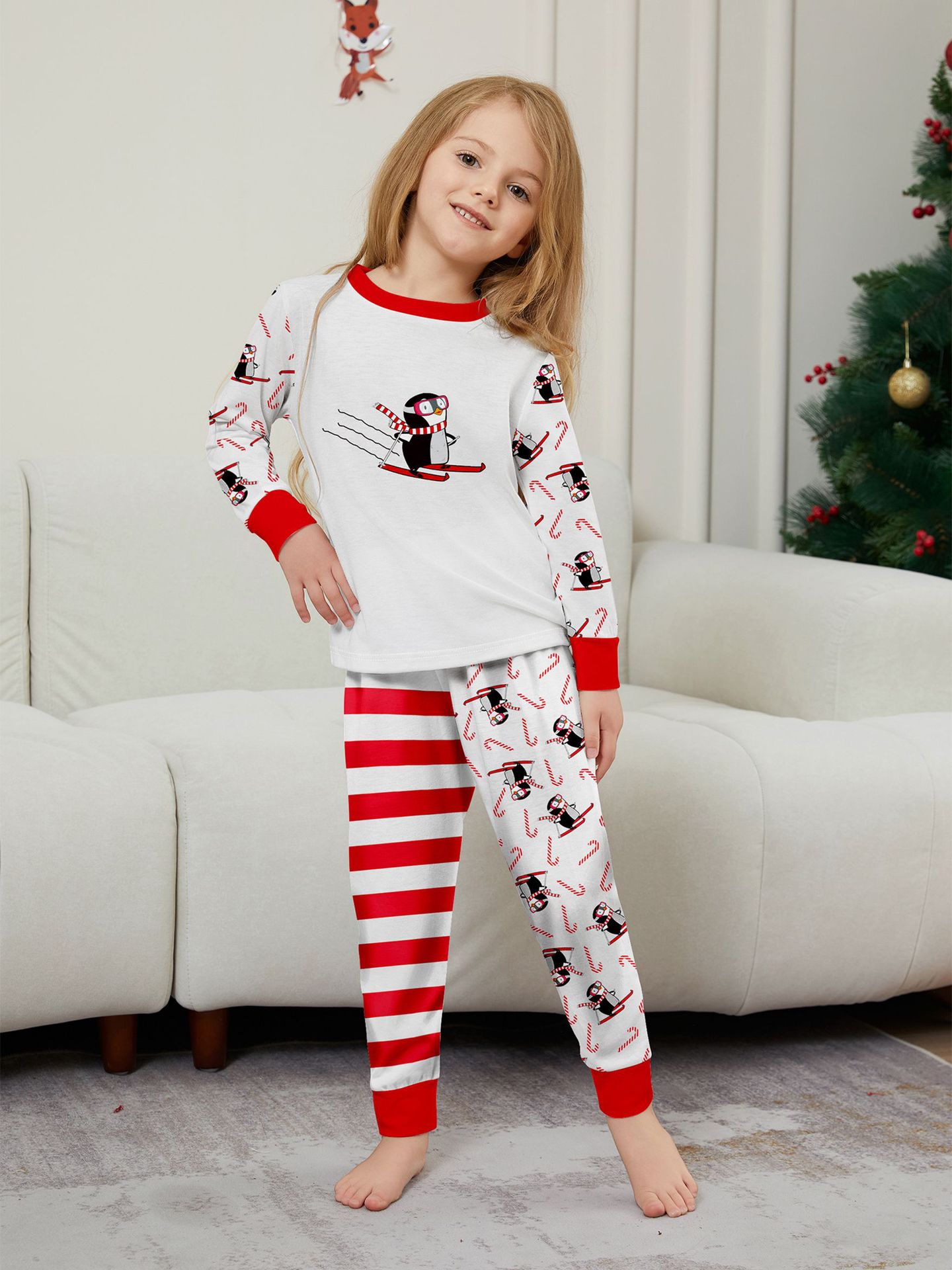 Kerst Pinguïn Candy Cane gestreepte Kerst Familie pak bedrukte homewear pyjama_voghion.com