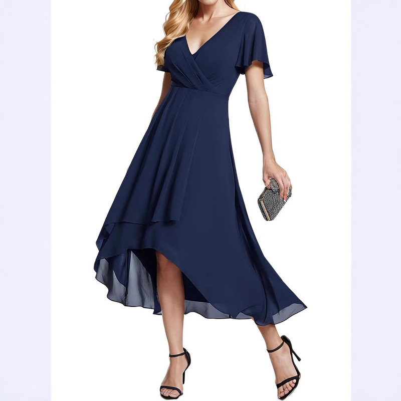 Summer New Amazon Women's V-neck Short Sleeve Chiffon dress Wedding Guest Party Bridesmaid Dress