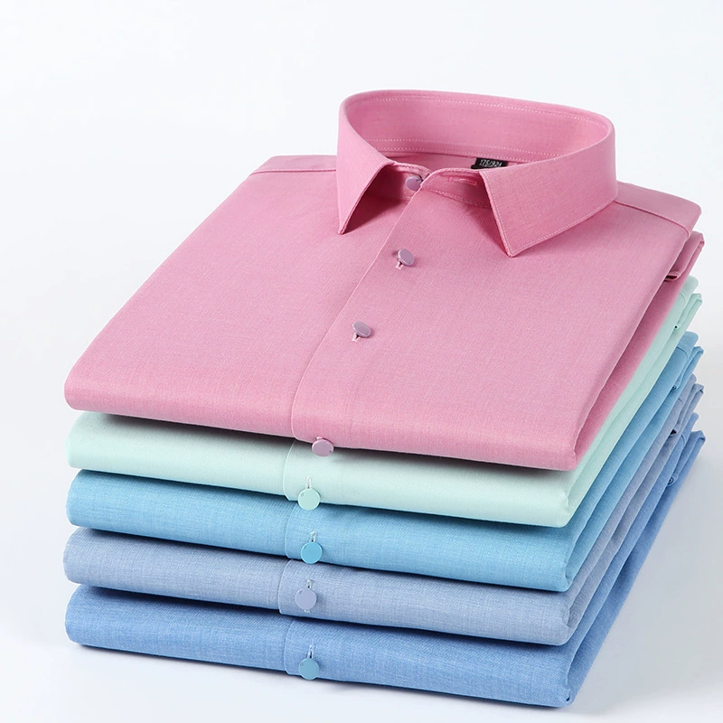 Новая весенняя новая мужская эластичная рубашка из бамбукового волокна, мужская тонкая однотонная деловая повседневная рубашка без складок и без глажки