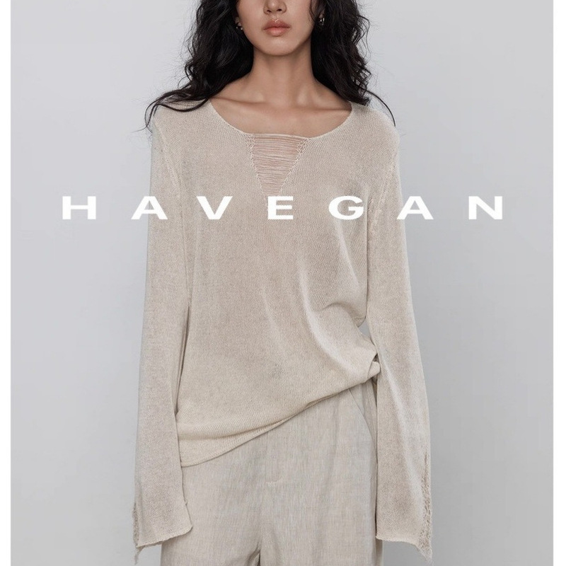 Havegan/Autumn V-Neck Tencel Linen Long-Sleeve Designer Knit Sweater for Women, Loose Old Money Style Top Havegan/Autumn V-Neck Tencel Linen Long-Sleeve Designer Knit Sweater for Women, Loose Old Money Style Top