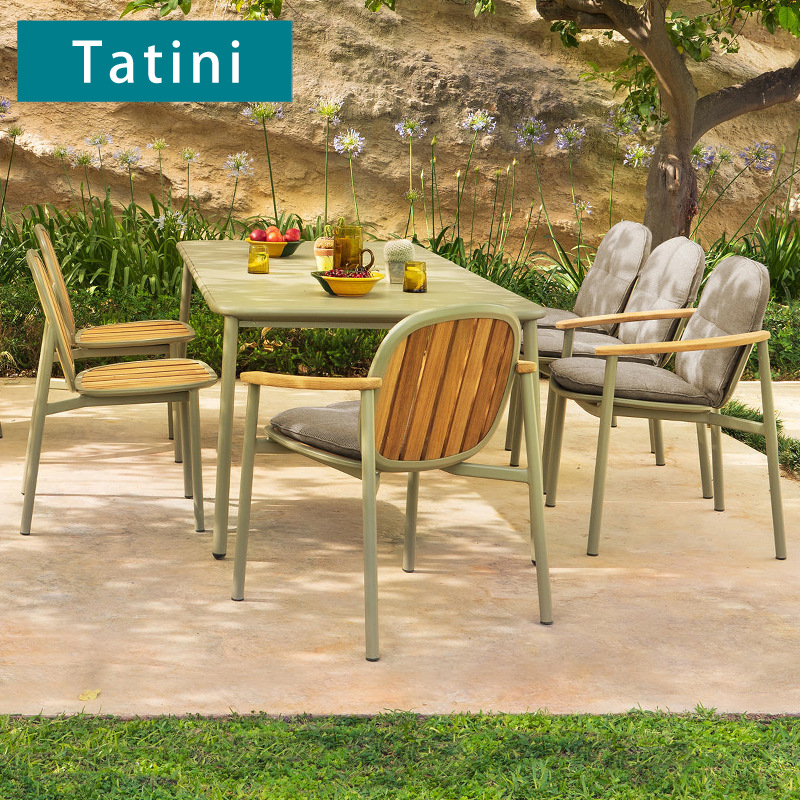 Mesa y silla de teca al aire libre balcón al aire libre patio hotel al aire libre impermeable al sol villa anti-corrosión marco de aluminio muebles de ocio