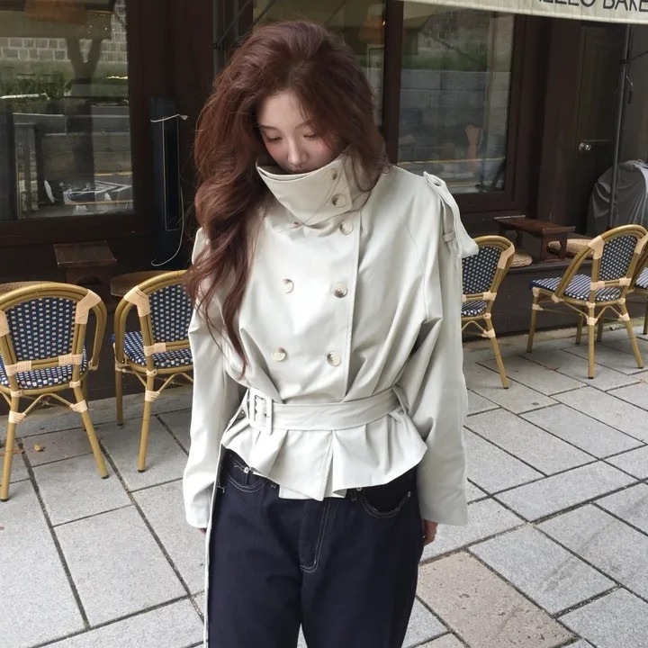已出货韩国秋冬新款韩系感配腰带双排扣外套米色均码黑色