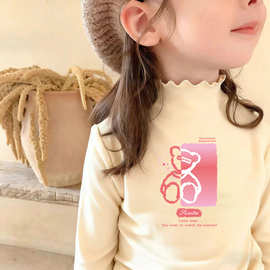 女童半高领加厚德绒长袖秋冬新款保暖中小童T恤木耳边内搭打底衫