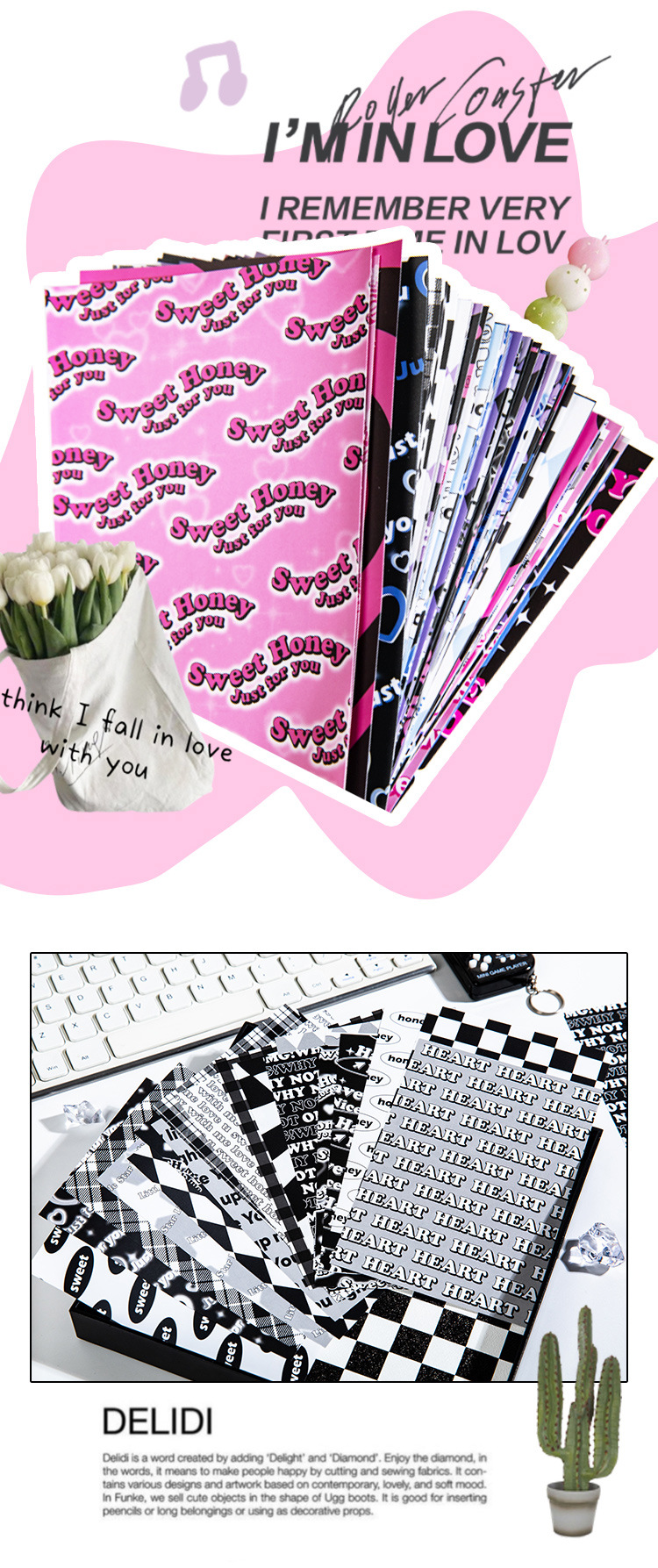 甜酷少女y2k美式甜心电波无粘性素材纸英文格纹手帐装饰打底背景详情7