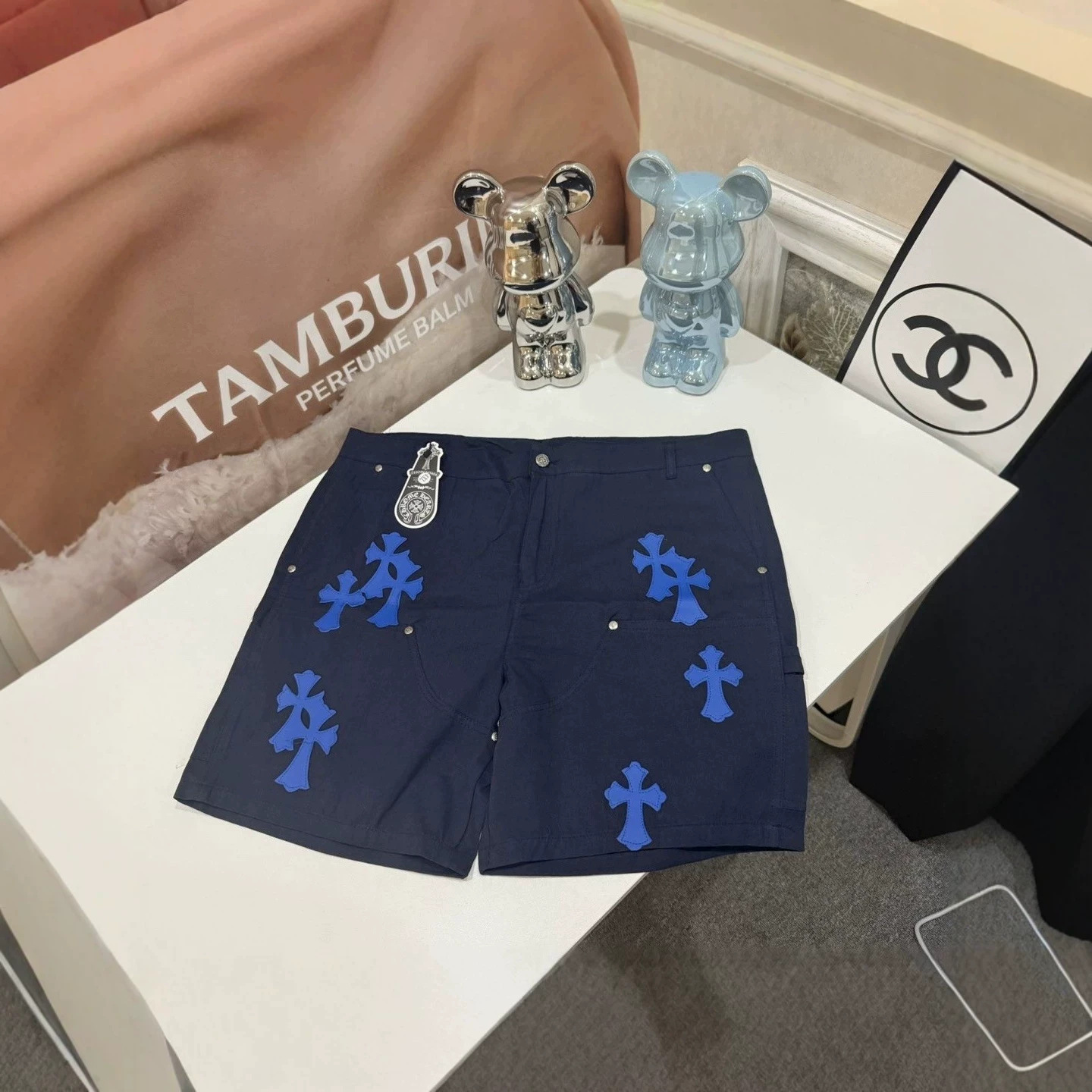 跨境美式CH克罗情侣十字架拼皮镀银扣直筒工装牛仔短裤男女款