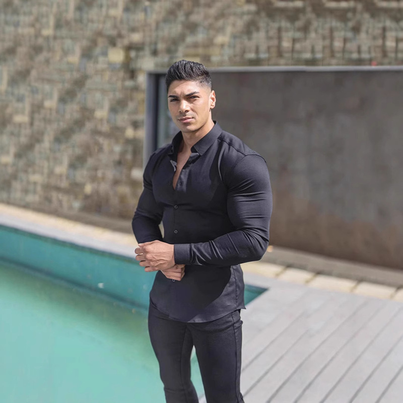 Muscle Trendy Men's Tight Sports Casual Long Sleeve Lapel Workwear Shirt Thin Fitness Shirt Business Casual Non-ironing