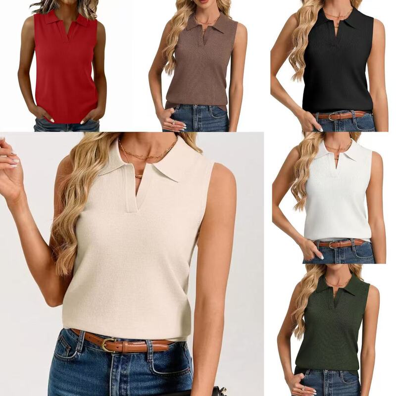 2026 Spring/Summer European and American Cross-Border Polo Collar Sleeveless Knit Vest for Women, Half-Open Front Solid Color Inner Layer Base Shirt